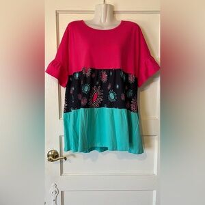 Women’s Colorblock Floral Tunic Top - Fuchsia, Black & Teal